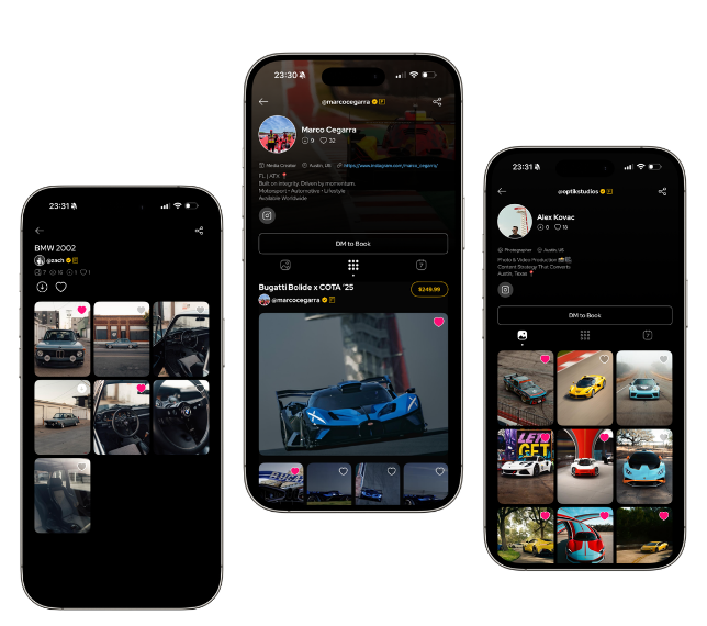 Perfiles de Creadores y galerías de fotografía automotriz de TopCars mostrados en tres teléfonos
