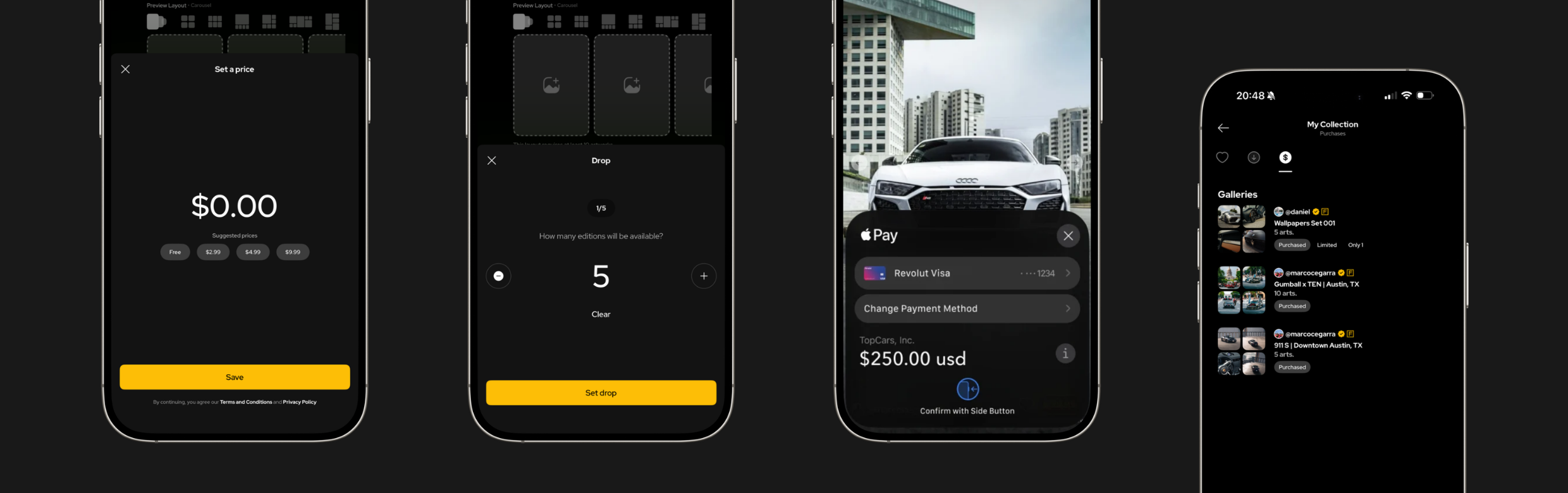 Precios y configuración de Drops en TopCars Studio, pago con Apple Pay y Vault de coleccionista mostrados en cuatro teléfonos